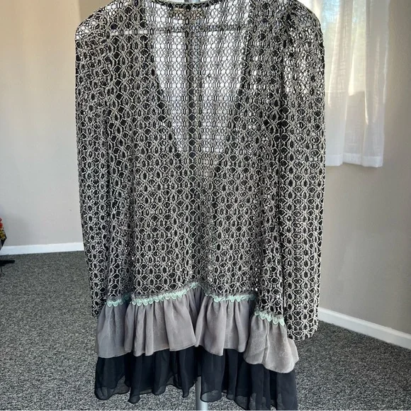 A'Reve Lace Knit Cardigan with Ruffle Hem in Black Gray Beige and Sage - Picture 2 of 8